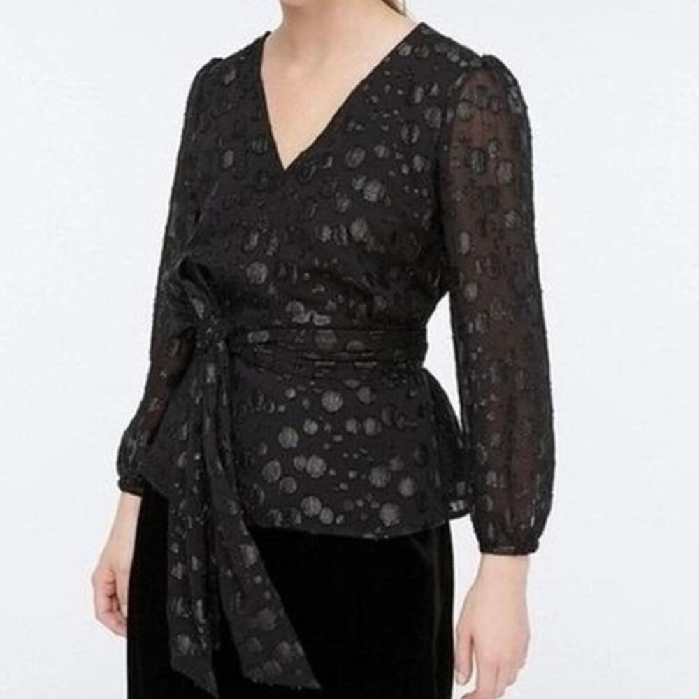 J Crew Black Tie Waist V-Neck Top with Metallic Jacquard Size Small